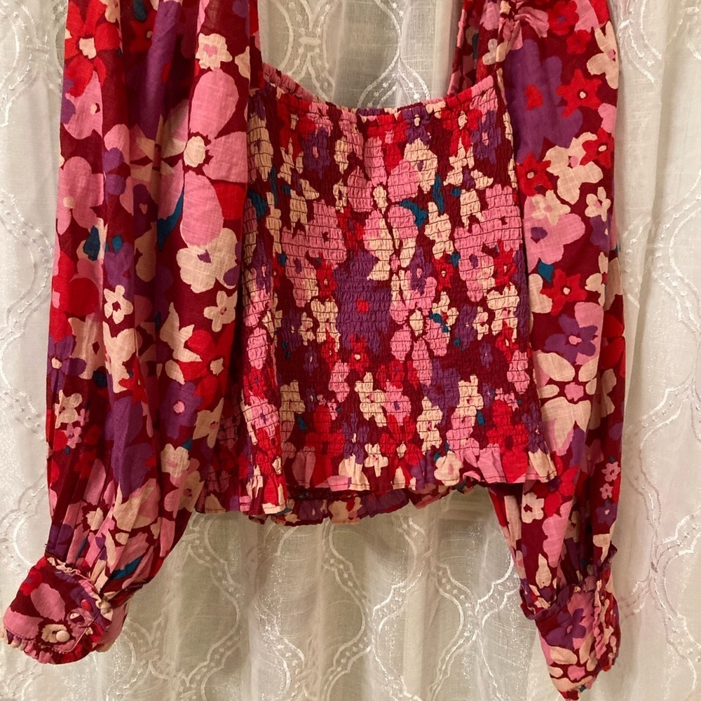 Free People Red Pink Floral Smocked Puff Sleeve Peasant Top Boho
